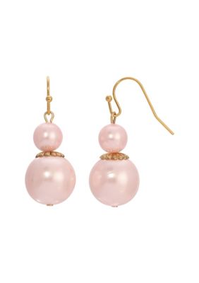 Gold Tone Pink Faux Pearl Bead Drop Wire Earrings
