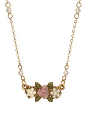 Gold Tone Faux Pearl Pink Flower Necklace 16" Adj.