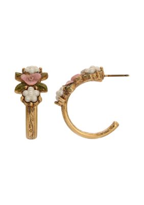 Gold Tone Faux Pearl Pink Flower Half Hoop Stud Earrings