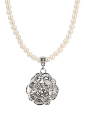 Silver Tone Flower On Faux Pearl Chain Necklace