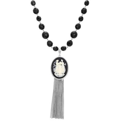 Silver Tone Black Cameo Chain Fringe Drop Necklace 18"