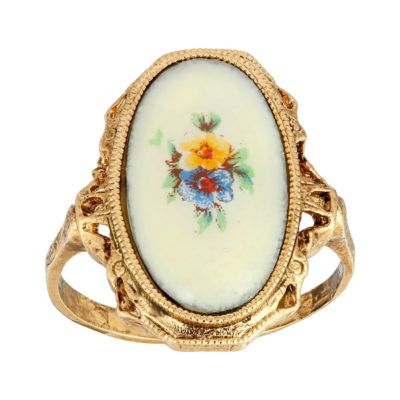 Gold Tone Oval Flower Ring Size 8
