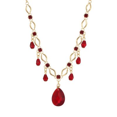 Gold Tone Siam Red Bead Necklace 15.5" Adj.