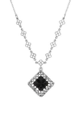 Silver-tone Square Jet Stone 18" Necklace