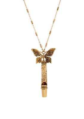 Gold Tone Butterfly Whistle Necklace 28"