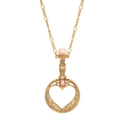 Gold Tone Pink Faux Pearl Magnifying Glass 30" Necklace