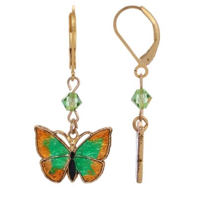 Gold Tone Drop Green And Yellow Butterfly Earrings