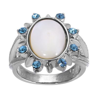 Silver Tone Mother Of Pearl And Aqua Stone Size 7 Ring