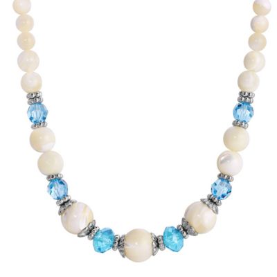 Silver Tone Aqua And Mother Of Pearl 15" + 3" ADJ Necklace