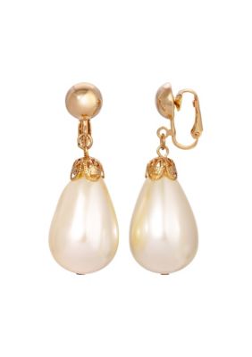 Gold-tone Faux Pearl Drop Clip Earrings