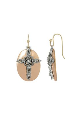 Two-tone Oval Cross Drop Earrings