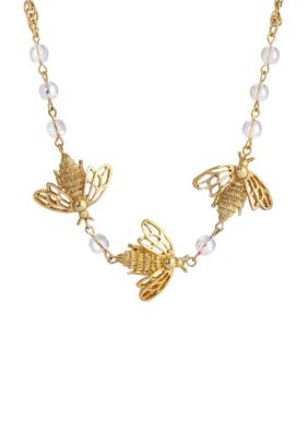 Gold-tone Crystal Aurora Borealis Bee Necklace 16" adj.