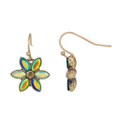 Gold Tone Blue Iridescent AB Glass Stone Flower Earrings
