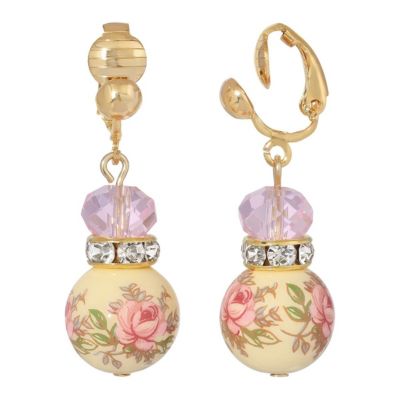 Gold Tone Lt. Rose Pink Floral Beaded Clip Earrings