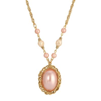 Gold Tone Pink Pearl Pendant Necklace