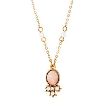 Gold Tone Peach Color Faux Pearl and Crystal Drop 16"+3" ADJ Necklace