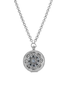 Silver Tone Blue Locket Necklace 28"