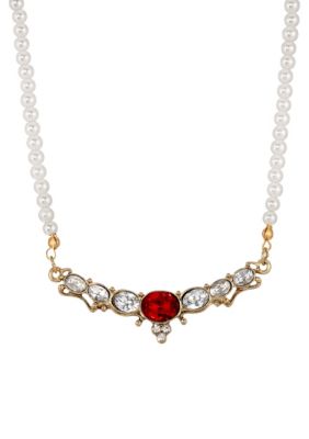 Gold Tone Faux Pearl Crystal Oval Stone Red Center Collar Necklace 16" Adj.