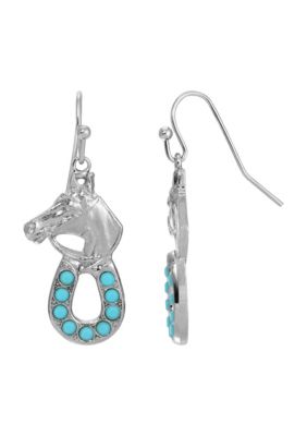 Silver Tone Horse Head With Turquoise Horseshoe Earrings