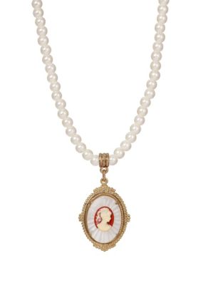 Faux Pearl Cameo Pendant Necklace 16" adj.