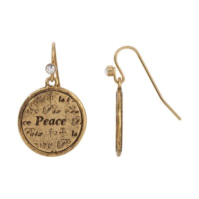 Gold Tone Multi Language Round Peace Medallion Earrings