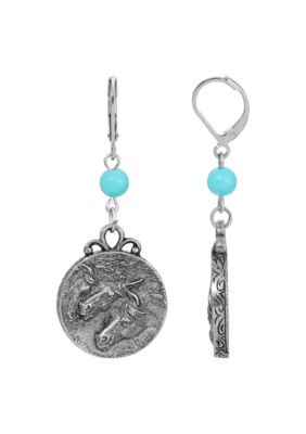 Silver Tone Turquoise Round  Drop Horse Head Earrings