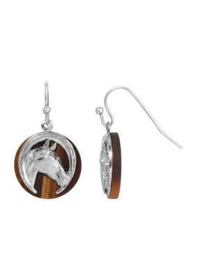 Silver Tone Tiger Eye Horse Head Round Earrings