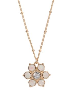 Gold Tone Opal Flower Drop Necklace 16" Adj.