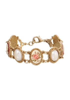 Gold-tone Cameo Faux Pearl Bracelet