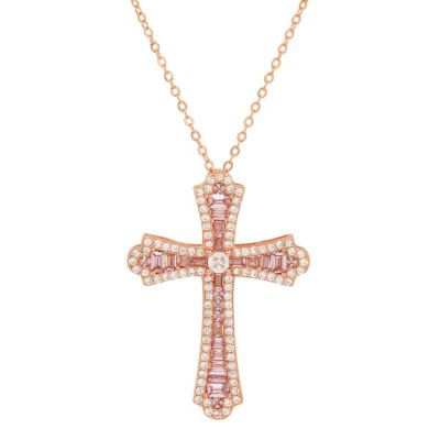 Lab Created 14k Rose Gold Over Silver Luxurious Pink CZ Cross Pendant