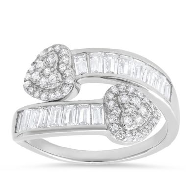 Lab Created Sterling Silver Baguette CZ Heart Bypass Ring