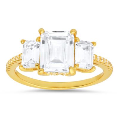 Lab Created Sterling Silver 3-Stone Emerald-cut CZ Ring