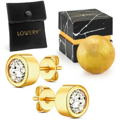 14K Gold Plated Bezel Synthetic Diamond Earring with Pouch, Bath Bomb & Gift Box