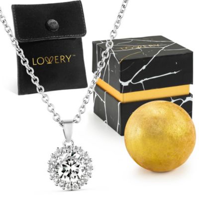 Sterling Silver Halo Solitaire CZ Stone Pendant with Necklace Chain, Pouch, Bath Bomb & Gift Box