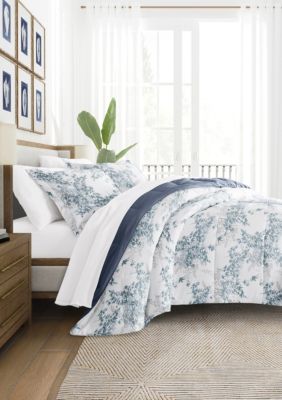 Comforter Set Patterned Reversible Microfiber All Season Down-Alternative Ultra Soft Bedding Bamboo Leaves Blue