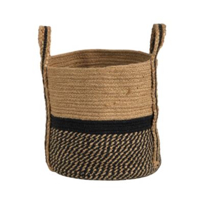 13-Inch Boho Chic Basket Natural Jute Basket Planter, Black Bottom Natural Top with Handles