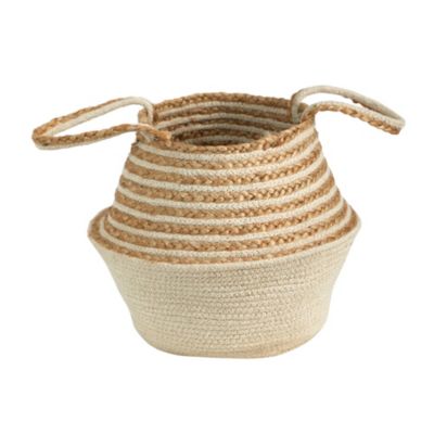 14-Inch Boho Chic Belly Basket Natural Jute and Cotton Basket Planter, Cream Cotton Bottom Natural Top with Handles