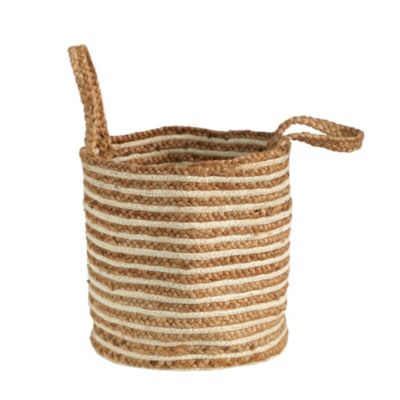 14-Inch Boho Chic Basket Planter Natural Cotton and Jute, Handwoven Stripe with Handles