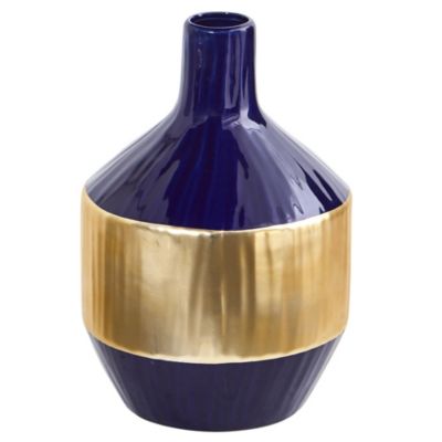 9-Inch Lux Blue Ceramic Vase with Gold Band