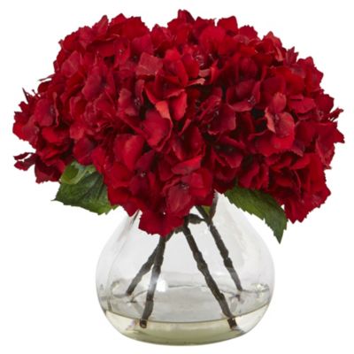 8.5-Inch Red Hydrangea Silk Flower Arrangement with Glass Vase