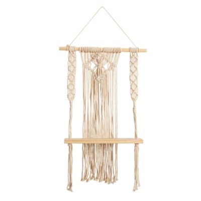 24-Inch Boho Chic Wood Macrame Single Shelf Woven Diamond Wall Art Décor