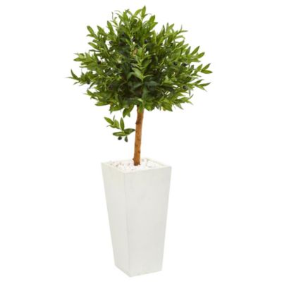 4-Foot Olive Topiary Artificial Tree in White Planter UV Resistant (Indoor/Outdoor)