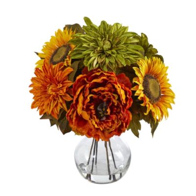12-Inch Peony, Dahlia and Sunflower Artificial Arrangement in Glass Vase