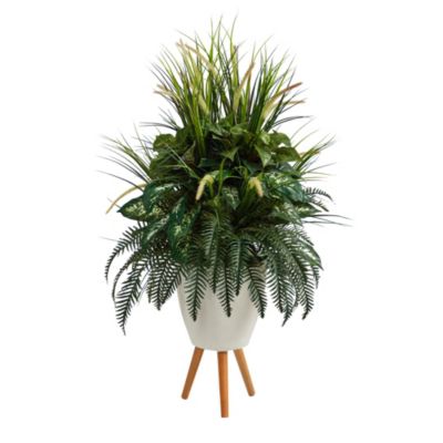 4.5-Foot Mixed Greens Artificial Plant in White Planter with Legs