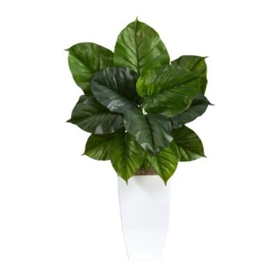 34-Inch Large Philodendron Leaf Artificial Plant in White Metal Planter