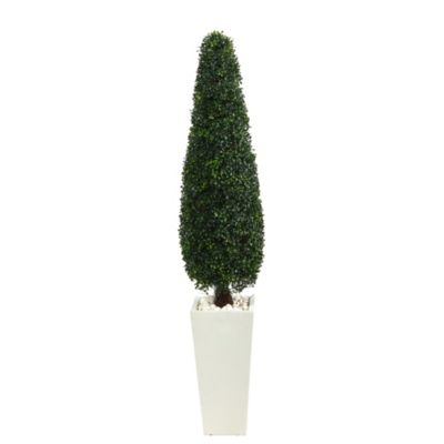 63-Inch Boxwood Topiary Artificial Tree in Tall White Planter UV Resistant (Indoor/Outdoor)