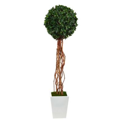 62-Inch English Ivy Single Ball Artificial Topiary Tree in White Metal Planter UV Resistant (Indoor/Outdoor)