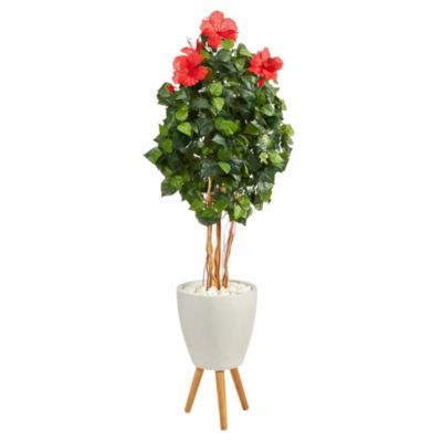 58-Inch Hibiscus Artificial Tree in White Planter with Stand