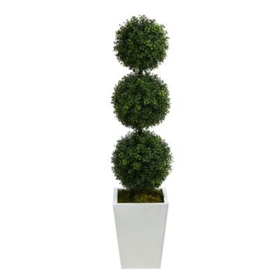 46-Inch Boxwood Triple Ball Topiary Artificial Tree in White Metal Planter (Indoor/Outdoor)