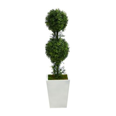3.5-Foot Boxwood Double Ball Topiary Artificial Tree in White Metal Planter(Indoor/Outdoor)